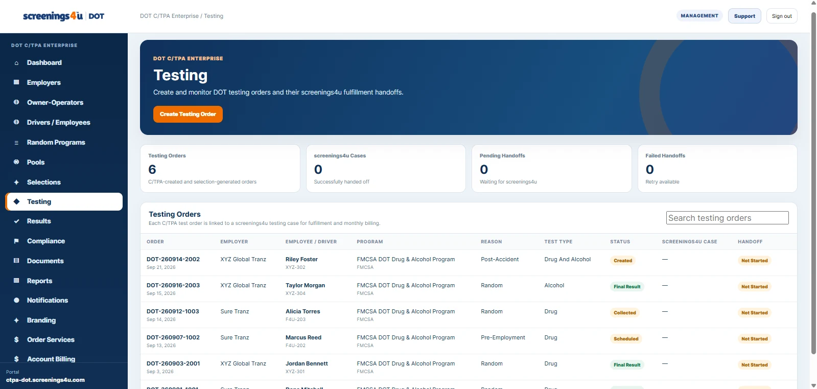 DOT testing records in Workforce DOT