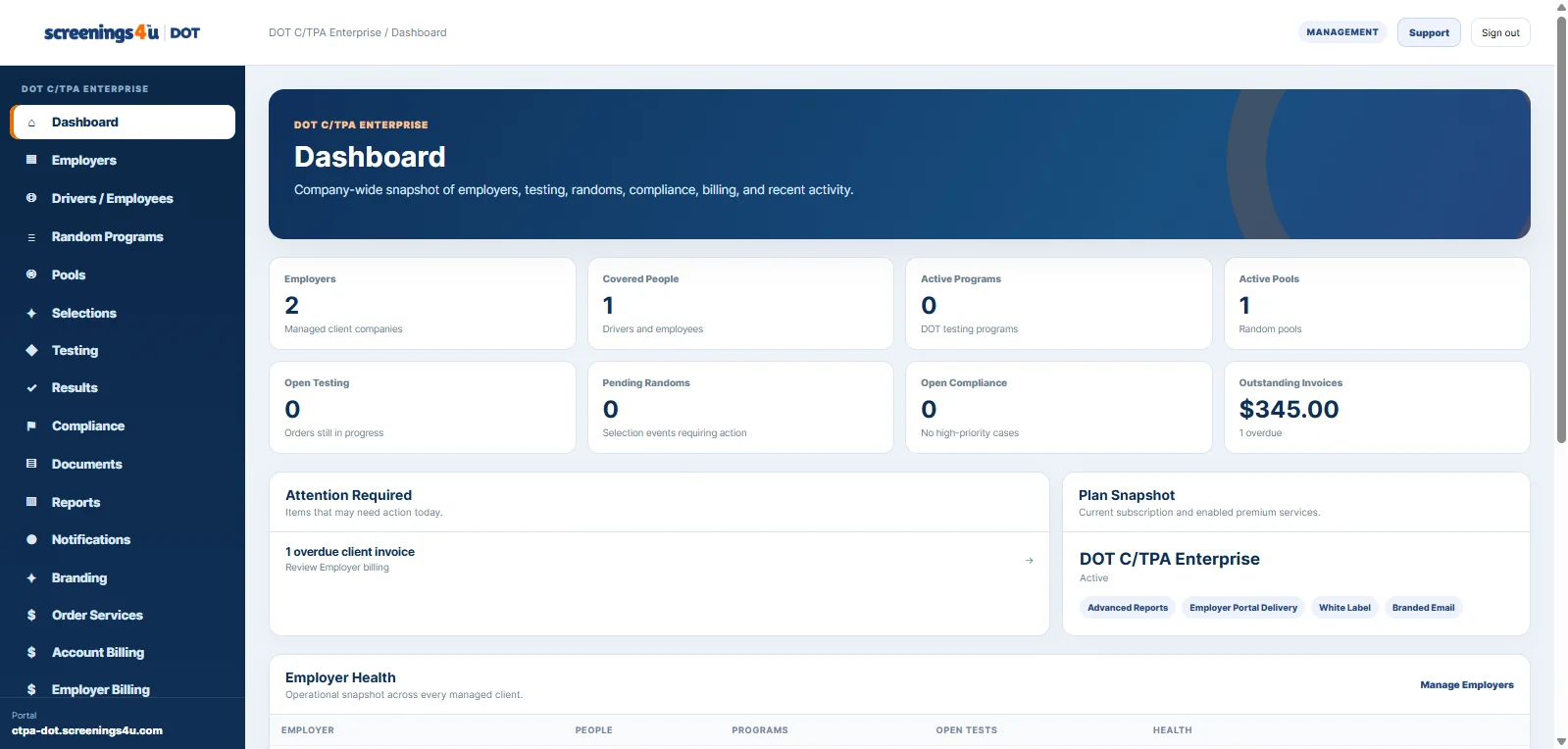 Workforce DOT dashboard showing compliance operations